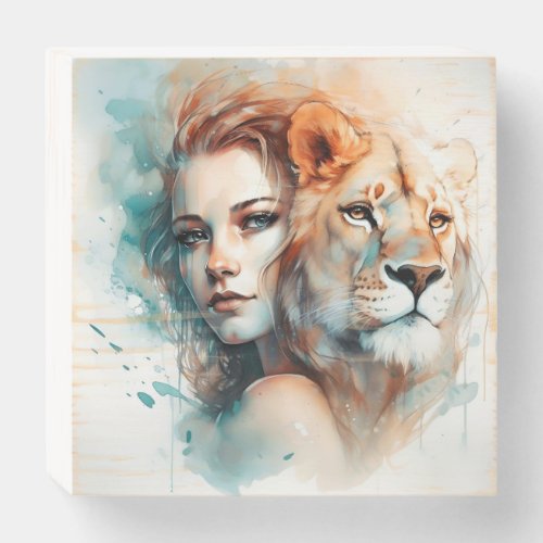 Harmony Unveiled Woman and Lion in Tranquil Bond Wooden Box Sign