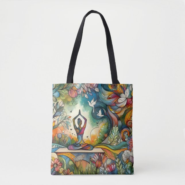 Harmony Woman Practicing Yoga with White Birds Tote Bag (Front)