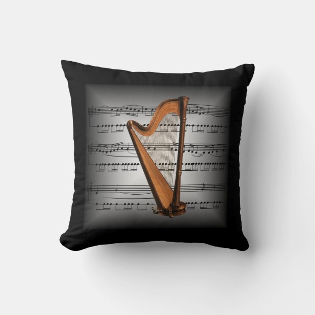 Harp ~ 3-D Sheet Music ~ Pillow Gray/Black ~ (Front)