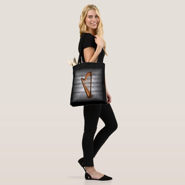 Harp ~ 3-D Sheet Music ~ Pillow Gray/Black ~ Tote Bag (On Model)