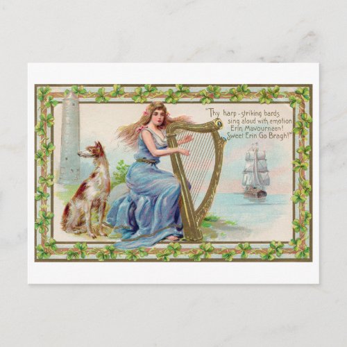 Harp and Dog Shamrock St Patricks Day Vintage Postcard