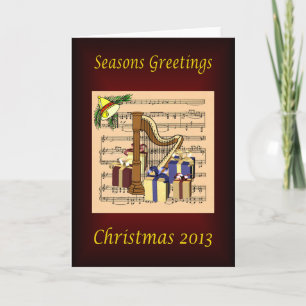 Harp & Christmas Gifts ~ Sheet Music Background Holiday Card