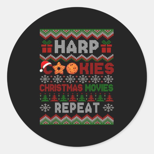 Harp Cookies Christmas Movies Repeat Sweater Instr Classic Round Sticker (Front)