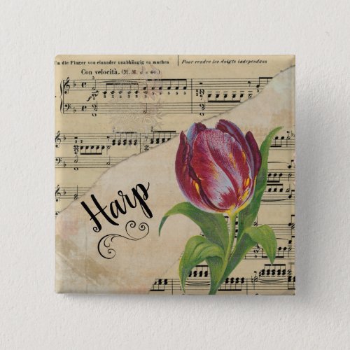 Harp Elegant Tulip Vintage Sheet Music Square Button