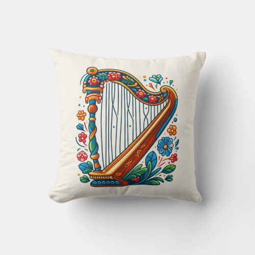 Harp Folk Art Throw Pillow