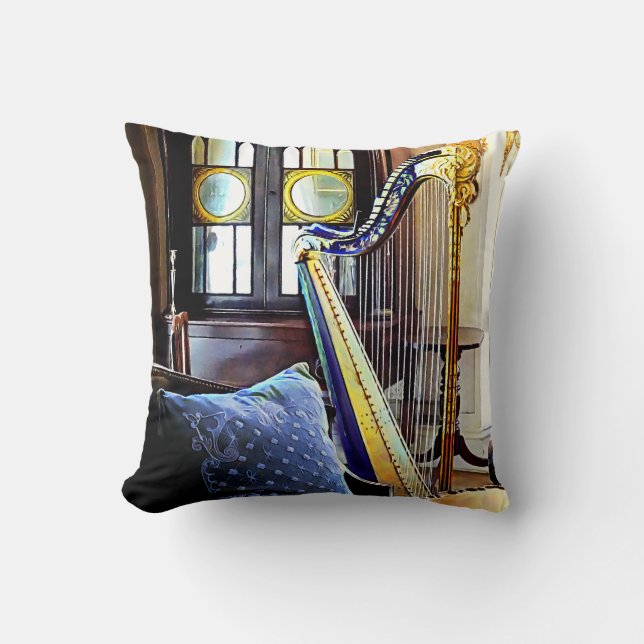 Harp In Music Room Throw Pillow (Front)