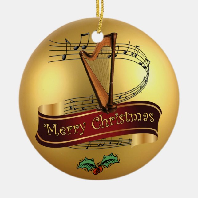 Harp ~ Musical Scroll ~ Gold Merry Christmas ~ Ceramic Ornament (Front)