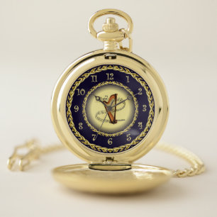 Harp ~ Musical Scroll ~ Gold/Navy Blue ~ Pocket Watch