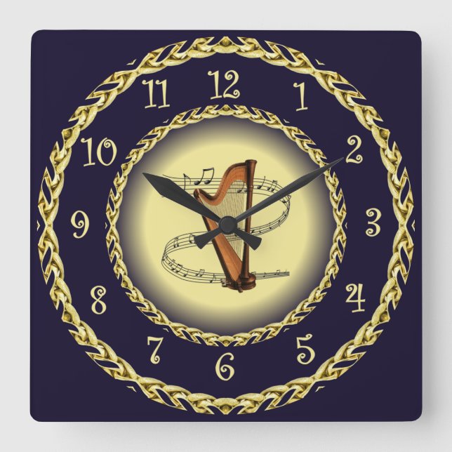 Harp ~ Musical Scroll ~ Gold/Navy Blue ~ Square Wall Clock (Front)