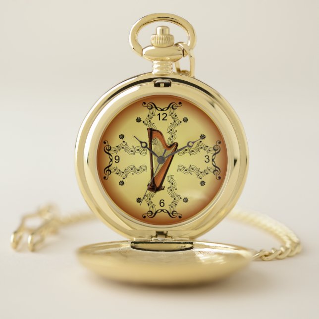 Harp ~ Musical Scroll ~ Golden Background ~ Pocket Watch (Inside)