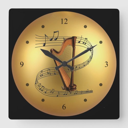 Harp  Musical Scroll  Golden Globe Background  Square Wall Clock