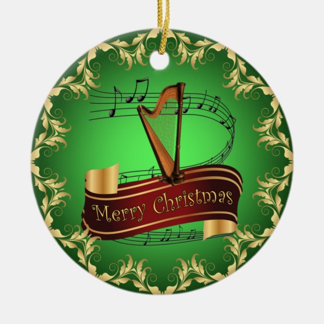 Harp ~ Musical Scroll ~ Merry Christmas ~ * ~  Ceramic Ornament (Front)