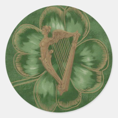 Harp of Erin Four Leaf Clover Green Classic Round Sticker