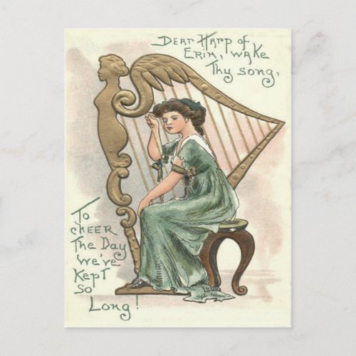 Harp of Erin Victorian Girl Postcard