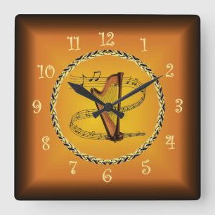 Harp On Musical Scroll & Russet Orange ~  Square Wall Clock