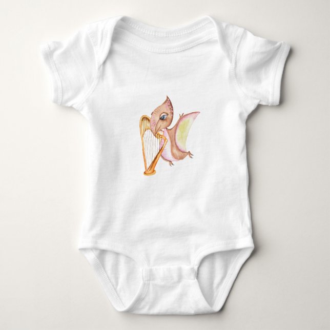 Harp Playing Dinosaur Baby Bodysuit (Front)