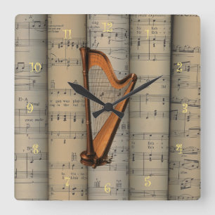 Harp ~ Rolled Sheet Music Background ~ Musical Square Wall Clock