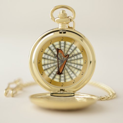 HarpRolled Sheet MusicGold Ring Musical Notes  Pocket Watch