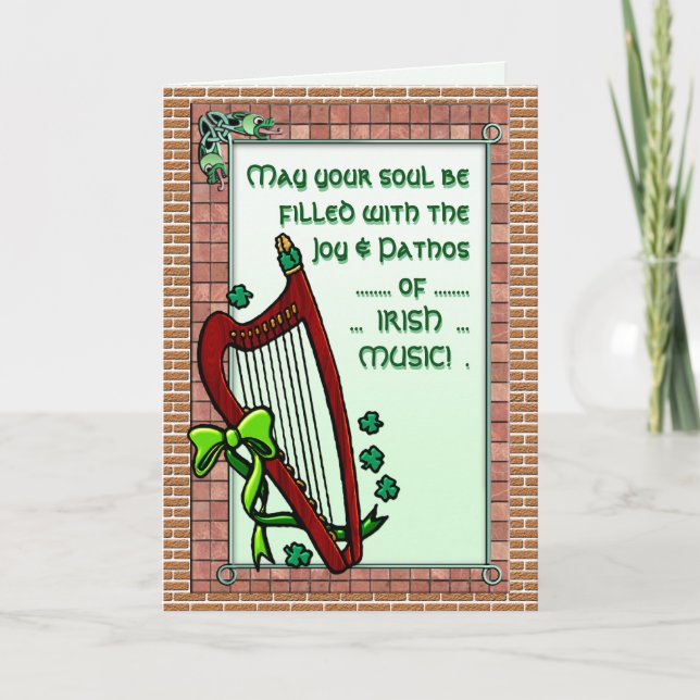 Harp, Shamrocks, Irish Music Blessing Personalized Card (Front)
