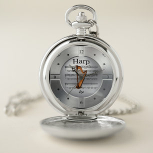 Harp ~ Sheet Music ~ Brushed Silver Color ~ Pocket Watch