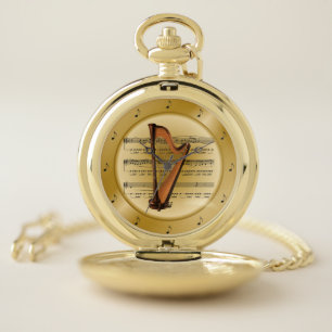 Harp ~ Sheet Music ~ Golden Disk~ Unique ~  * ~ Pocket Watch