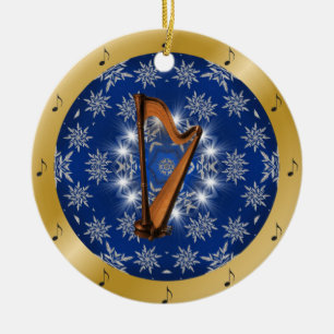 Harp ~ Silver ~ Blue ~ Gold ~ Christmas ~ Ceramic Ornament
