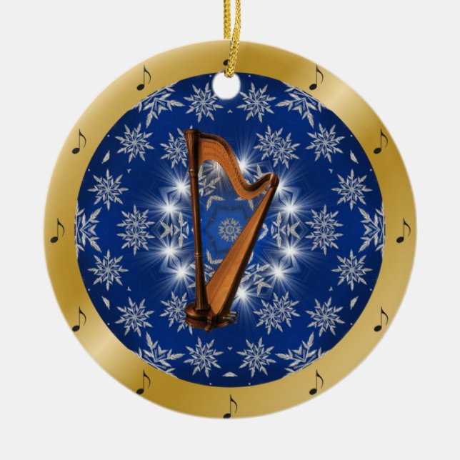 Harp ~ Silver ~ Blue ~ Gold ~ Christmas ~ Ceramic Ornament (Front)