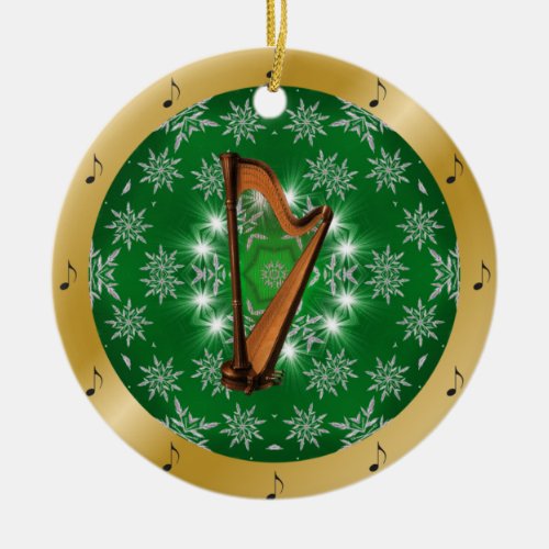 Harp  Silver  Green  Gold  Christmas  Ceramic Ornament