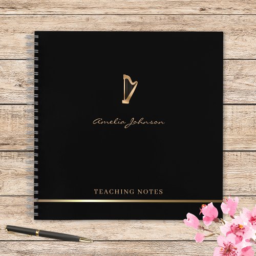 Harp Teacher Stylish Script Music Gold Black Notebook