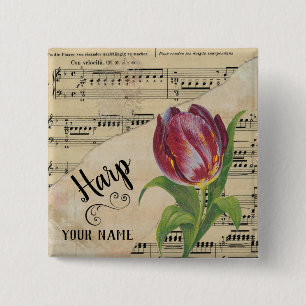 Harp Tulip Vintage Sheet Music Customized Button