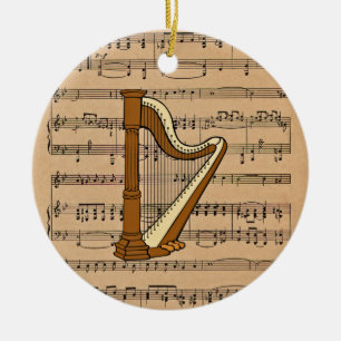 Harp With Sheet Music Background Ceramic Ornament