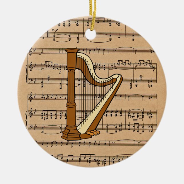 Harp With Sheet Music Background Ceramic Ornament (Front)