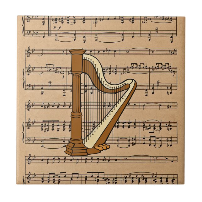 Harp With Sheet Music Background Ceramic Tile (Front)