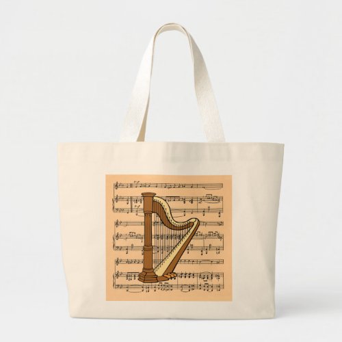 Harp With Sheet Music Background Large Tote Bag