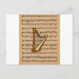 Harp With Sheet Music Background Postcard