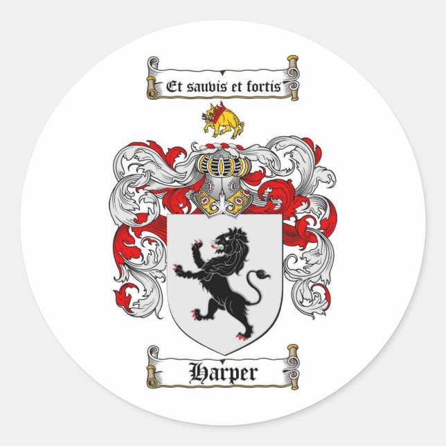 HARPER FAMILY CREST -  HARPER COAT OF ARMS CLASSIC ROUND STICKER (Front)