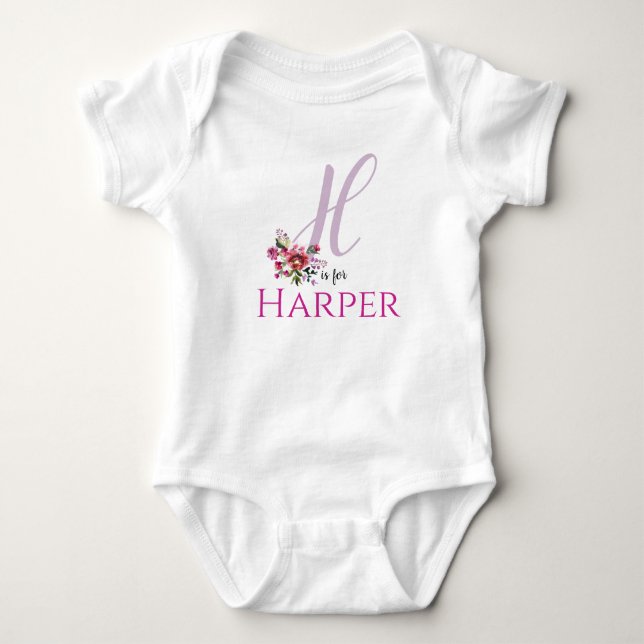 Harper Name Reveal Floral Letter H Girl Whimsical Baby Bodysuit (Front)