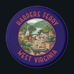 Harpers Ferry West Virginia Distressed Circle Magnet<br><div class="desc">Harpers Ferry retro vector travel design. Harpers Ferry is a town in West Virginia. Paths wind through Harpers Ferry National Historical Park,  which has 19th-century buildings.</div>