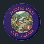 Harpers Ferry West Virginia Distressed Circle Magnet<br><div class="desc">Harpers Ferry retro vector travel design. Harpers Ferry is a town in West Virginia. Paths wind through Harpers Ferry National Historical Park,  which has 19th-century buildings.</div>