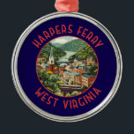 Harpers Ferry West Virginia Distressed Circle Metal Ornament<br><div class="desc">Harpers Ferry retro vector travel design. Harpers Ferry is a town in West Virginia. Paths wind through Harpers Ferry National Historical Park,  which has 19th-century buildings.</div>