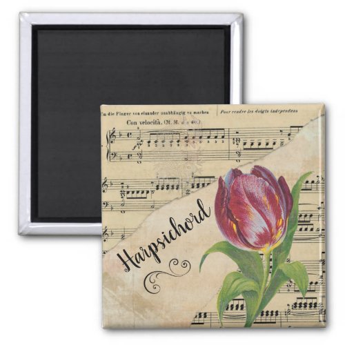 Harpsichord Elegant Tulip Vintage Sheet Music Square Magnet