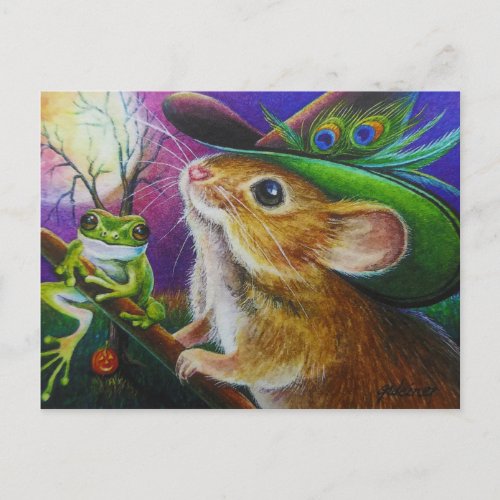 Harriet Halloween Witch Mouse Frog Watercolor Art Postcard