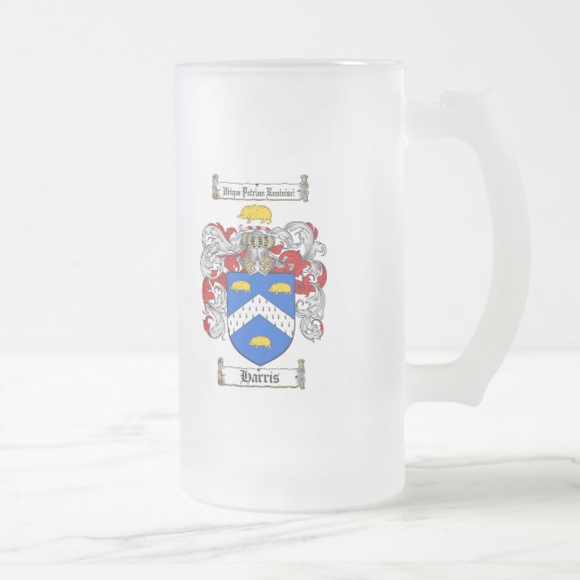 HARRIS FAMILY CREST -  HARRIS COAT OF ARMS FROSTED GLASS BEER MUG (Right)