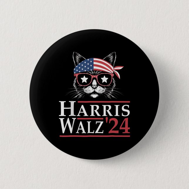 Harris W 2024 Funny Cat Election Kamala Harris Tim Button (Front)