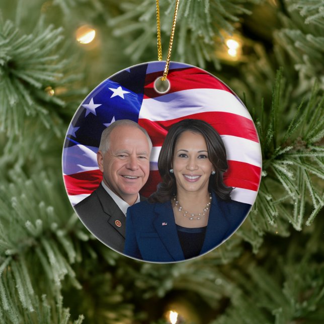 Harris Waltz Photo 2024 - Kamala Harris Tim Waltz Ceramic Ornament (Tree)