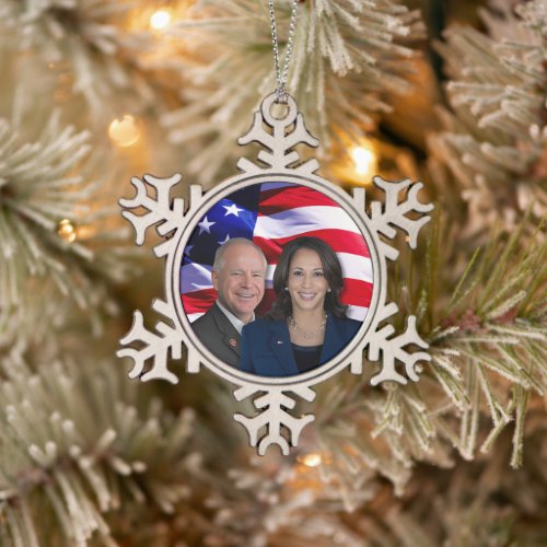 Harris Waltz Photo 2024 _ Kamala Harris Tim Waltz Snowflake Pewter Christmas Ornament