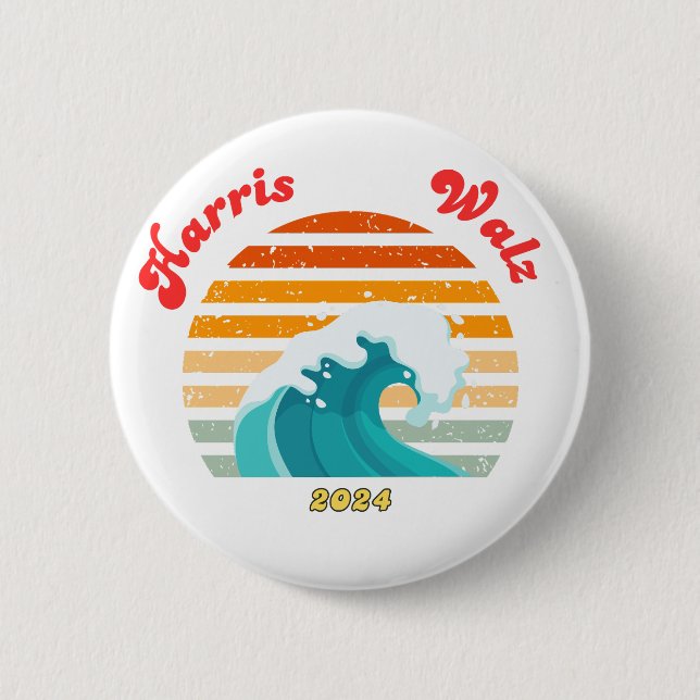 Harris Walz 2024 Election Retro Blue Wave Button (Front)