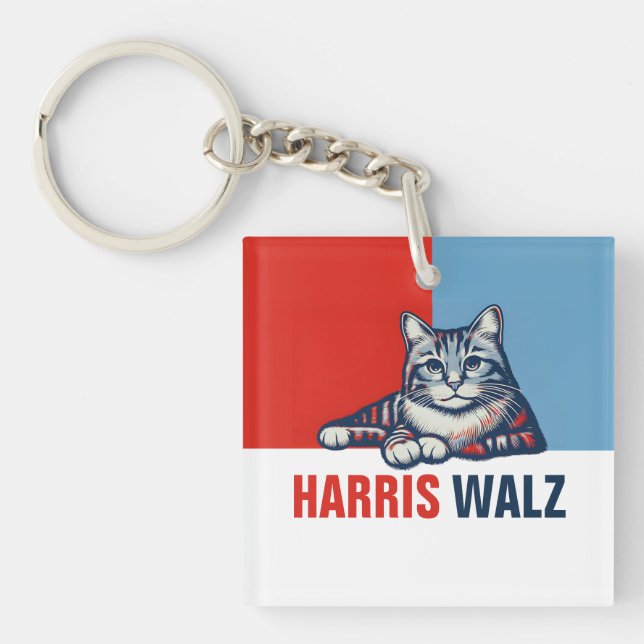 Harris Walz 2024 Obviously Red Blue Cat Keychain (Front)