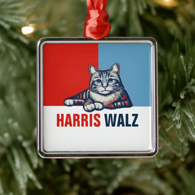 Harris Walz 2024 Obviously Red Blue Cat Metal Ornament (Tree)