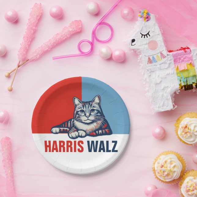 Harris Walz 2024 Obviously Red Blue Cat Paper Plates (Party)